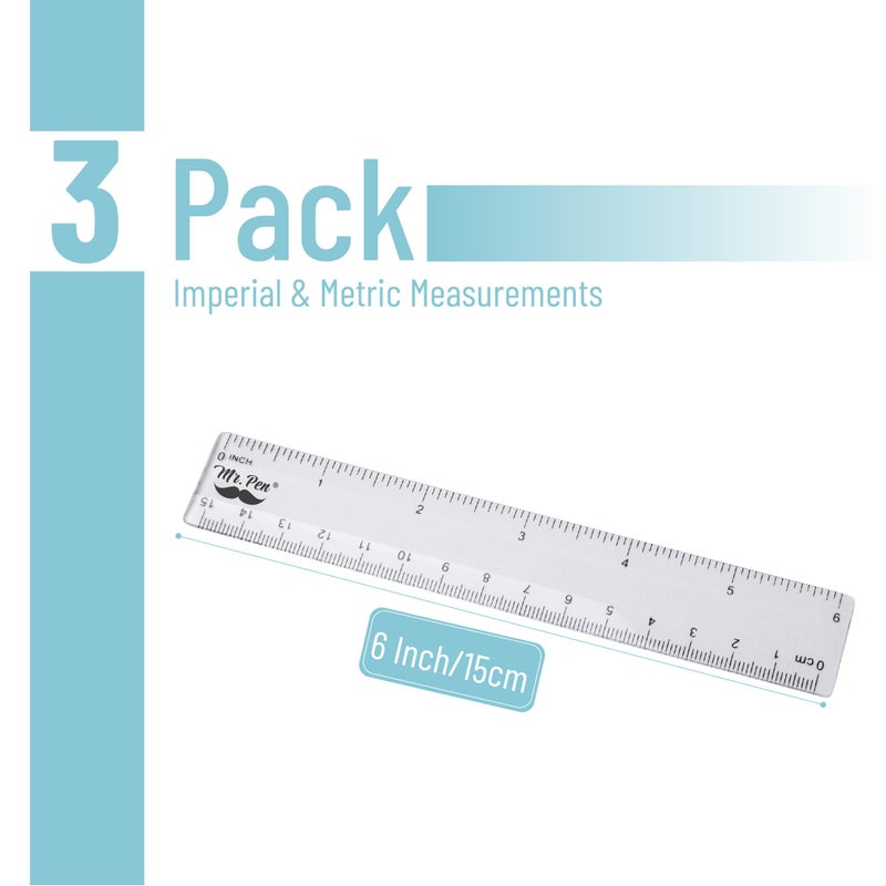 Mr. Pen- Ruler, 6 inch Ruler, Pack of 3, Clear, Plastic, Drafting Tools, Inches and Centimeters - Image 2